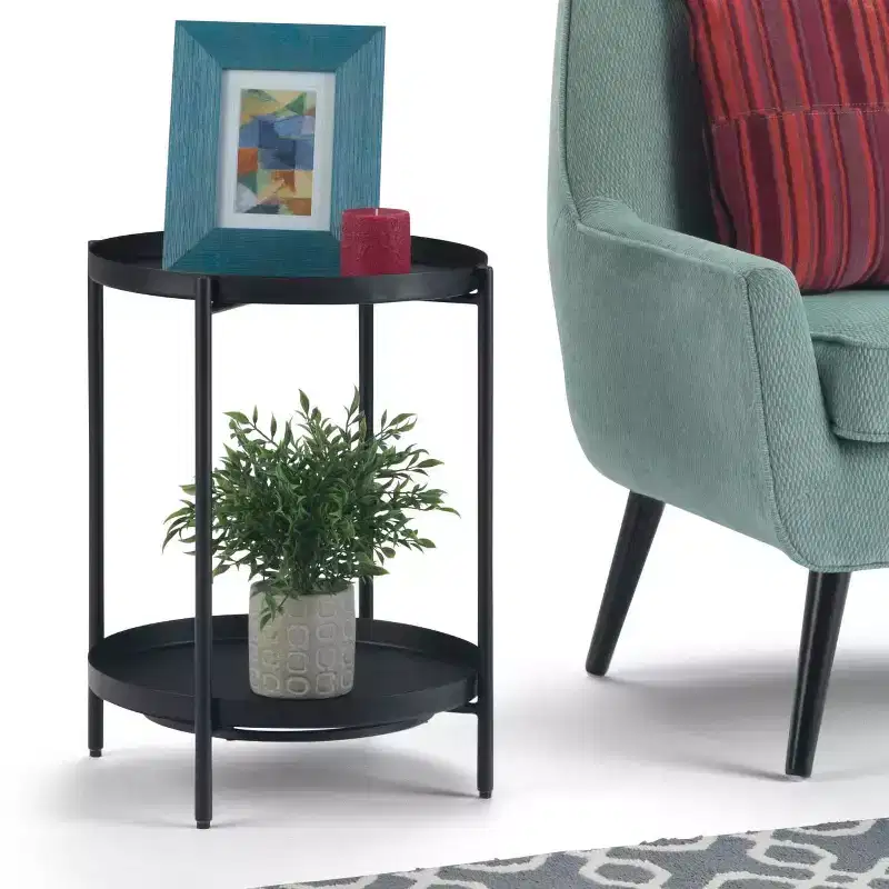 17" Metal End Table Black - : Industrial Style, Removable Tray, Iron Frame & Shelf