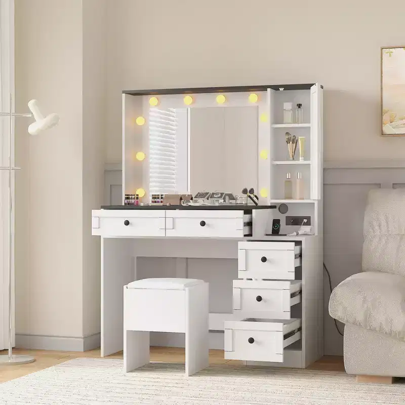 Makeup Vanity, 3 Lighting Modes Vanity Desk with Soft Cushioned Stool, White Dressing Table Set with 5Drawers & Storage Shelves