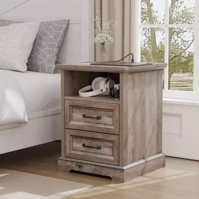 Modern Rustic Nightstand with Charging Station and 2 Drawers