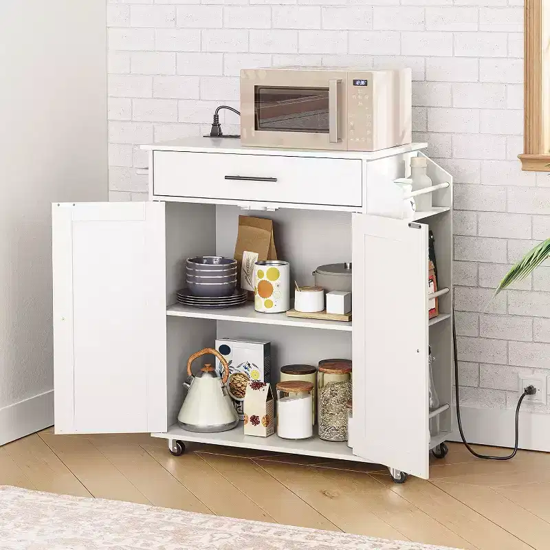 ACOINEL Rolling Kitchen Island with Power Outlet & Spice Rack - White Kitchen Storage Cart with Drawer, Lockable Wheels