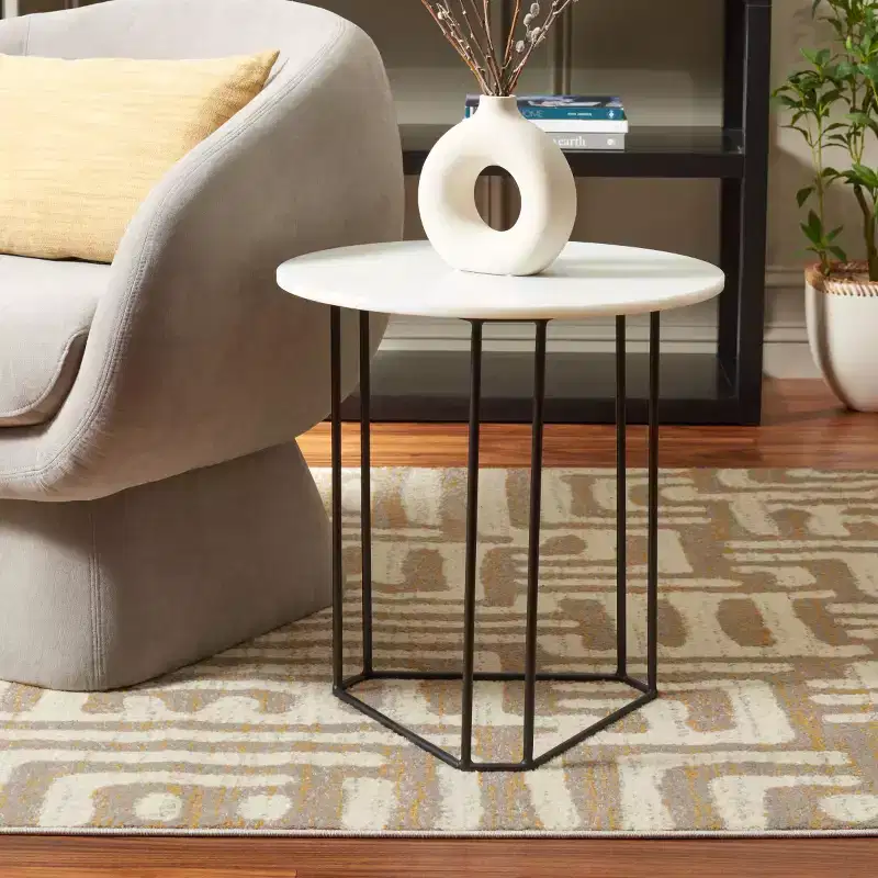 Eloblaire Round Accent Table - ACC4605A - White Marble/Black - Safavieh