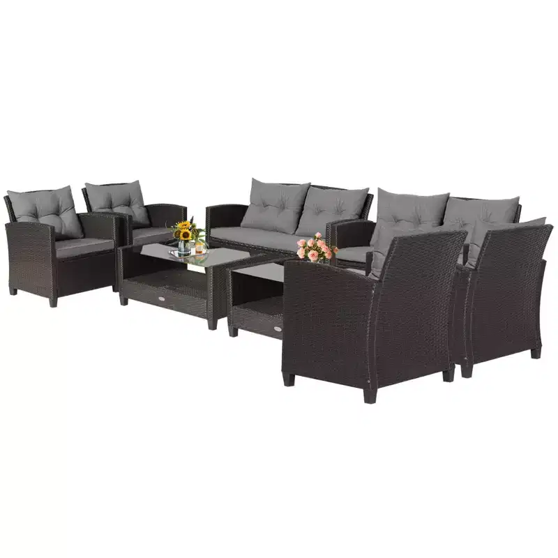 Costway 8 PCS Patio Rattan Furniture Set Glass Table Shelf Sofa Cushion Gray