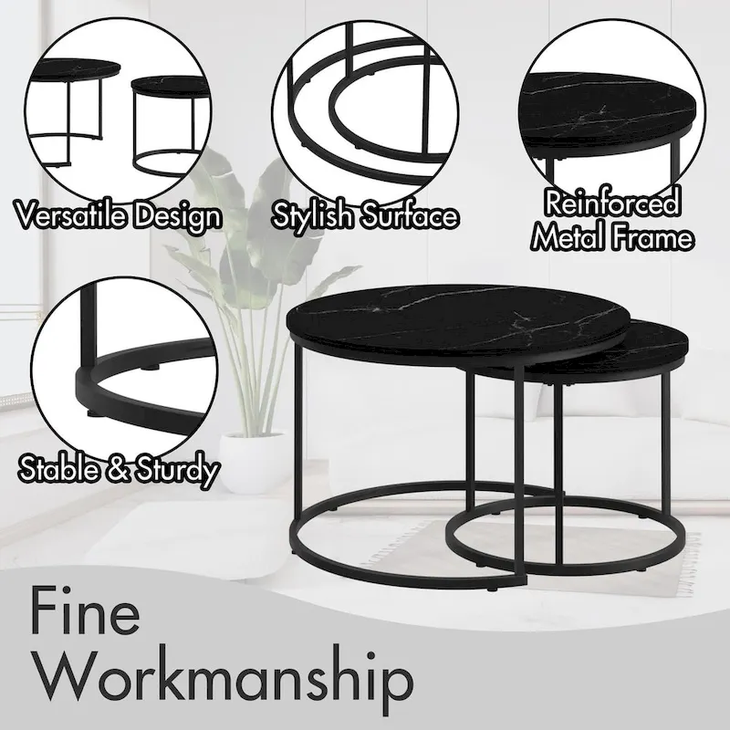 Nesting Coffee Table Set of 2, 27.6inch Round Coffee Table Wood Finish with Sturdy Metal Frame,End Table Side Tables