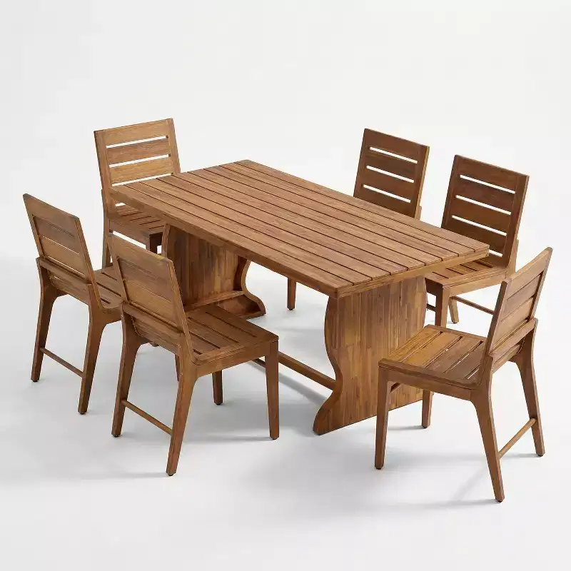 Christopher Knight Home Lorenzo Modern 7 Piece Acacia Wood Dining Table Set with Slatted Design and Fishtail-Shaped Legs