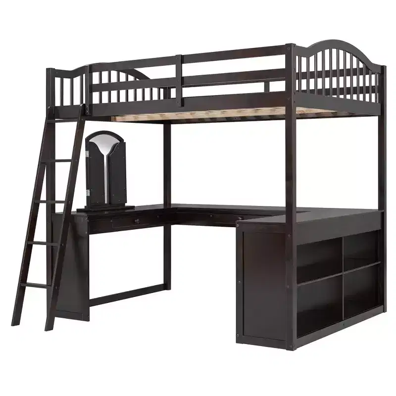 Full Size Wood Loft Bed with Built-In U-Shaped Desk, Vanity Mirror Station & Storage Shelves