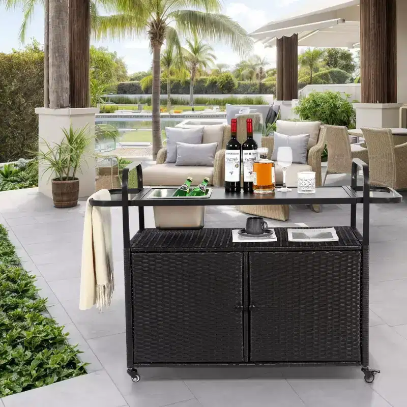 NAYSAYE Bar Serving Cart Outdoor Wicker Table with Cabinet and Steel Top for Patio , Black, 51.57*19.69*35.83