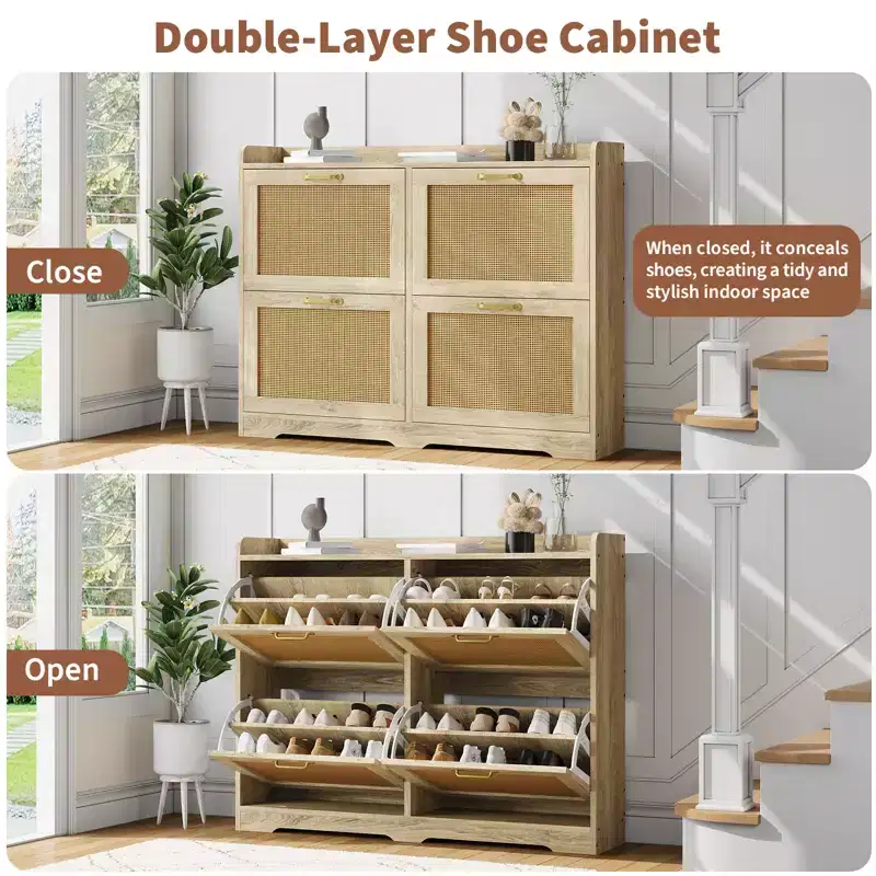 Garvee Rattan Shoe Storage Cabinet with 4 Flip Drawers, Hidden Shoe Storage Organizer Cabinet, Wide Freestanding Wood Breathable Shoe Rack Cabinet