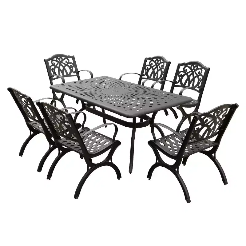 7pc Outdoor Dining Set with 67" Modern Ornate Mesh Aluminum Rectangular Table & Luxury Chairs - Black - Oakland Living