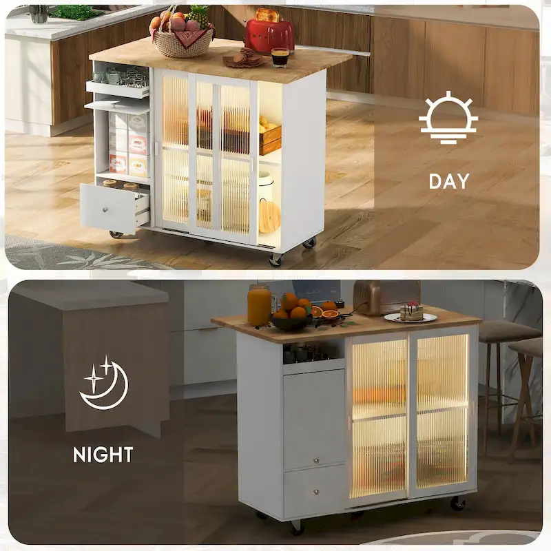 Kitchen Island with Drop Leaf and LED Light