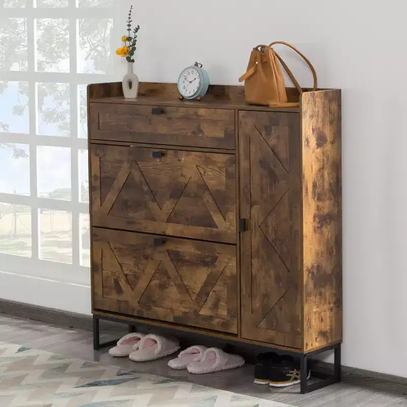 Slim Shoe Cabinet with 2 Flip Drawers & Side Cabinet, Space-Saving Entryway & Closet Organizer