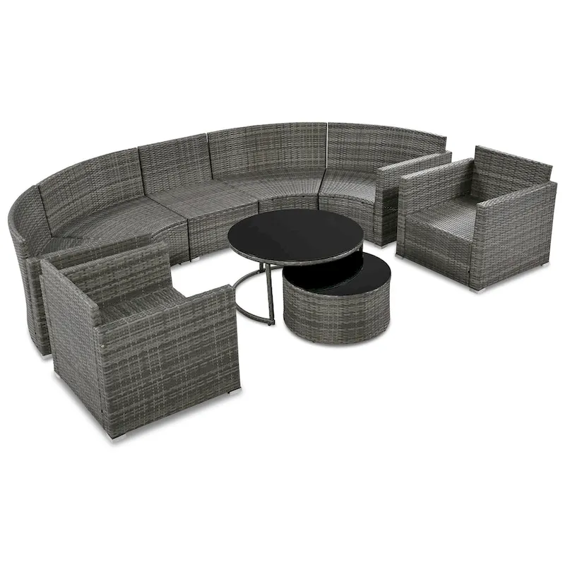 9-Piece Half-Moon Sectional Set with Nesting Table & Armchairs