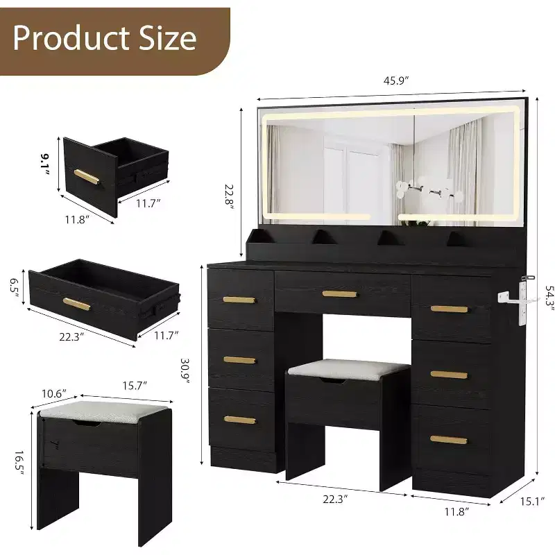 45.9 Makeup Vanity Desk, Vanity Desk with Large Mirror, 3 Lighting Modes Adjustable Brightness, 8 Drawers, for Powder Room and Bedroom