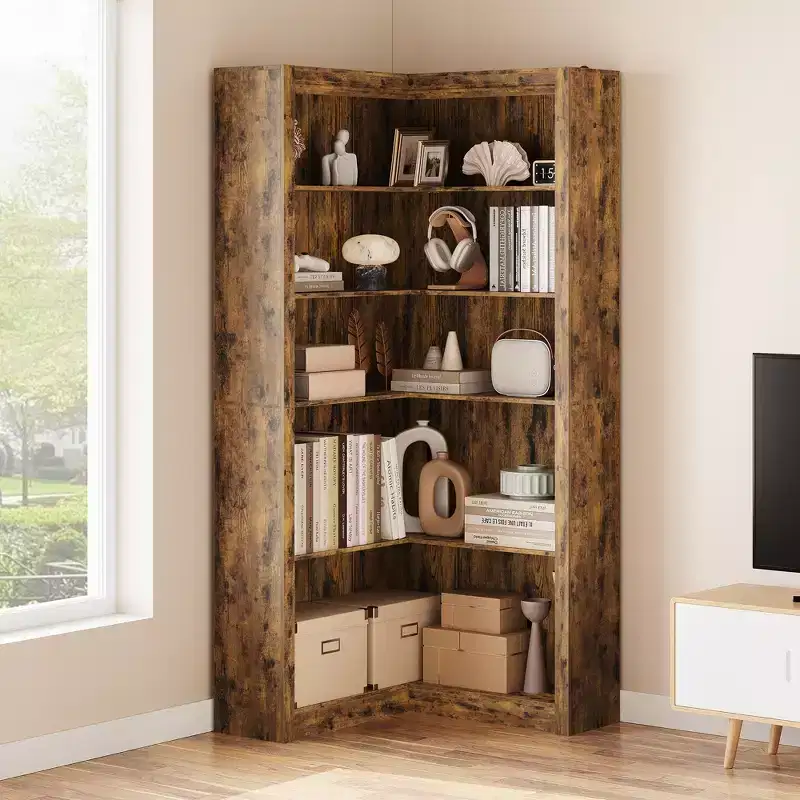 Farmhouse Corner Bookcase,71.8 Tall L-Shaped Bookshelf Large Bookcase,Corner Bookshelf, Modern Industrial Wood Display Storage Shelves