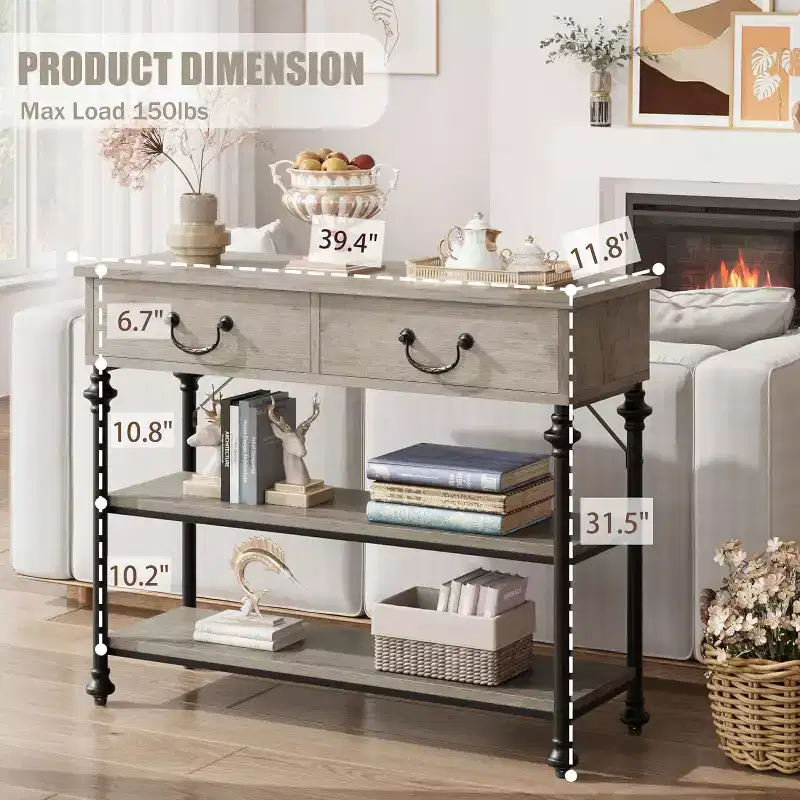 Console Table with 2 Drawers and Storage Shelves, Grey / Retro Color