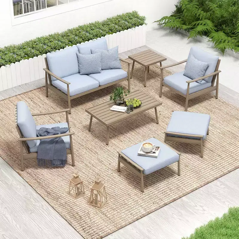 HAPPATIO 7 Pieces Aluminum Outdoor Conversation Set Includes 1 Loveseat, Coffee Table, Side Table, 2 Armchairs and Ottomans