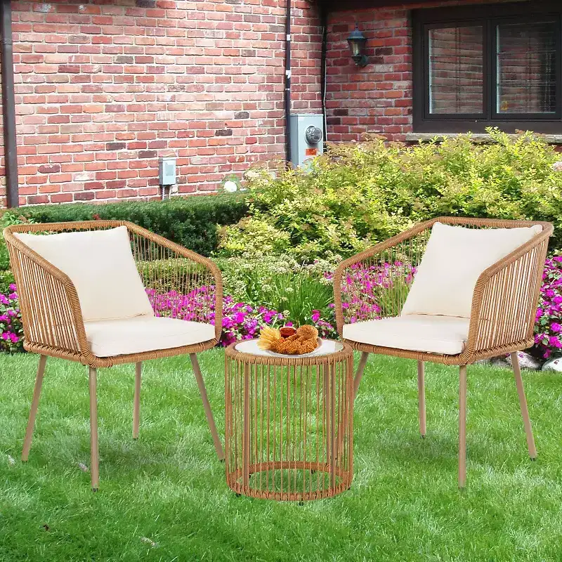 FDW 3 Piece Patio Furniture Set Rattan Bistro Furniture Set with Cushions & Glass Top Table for Garden Yard, White