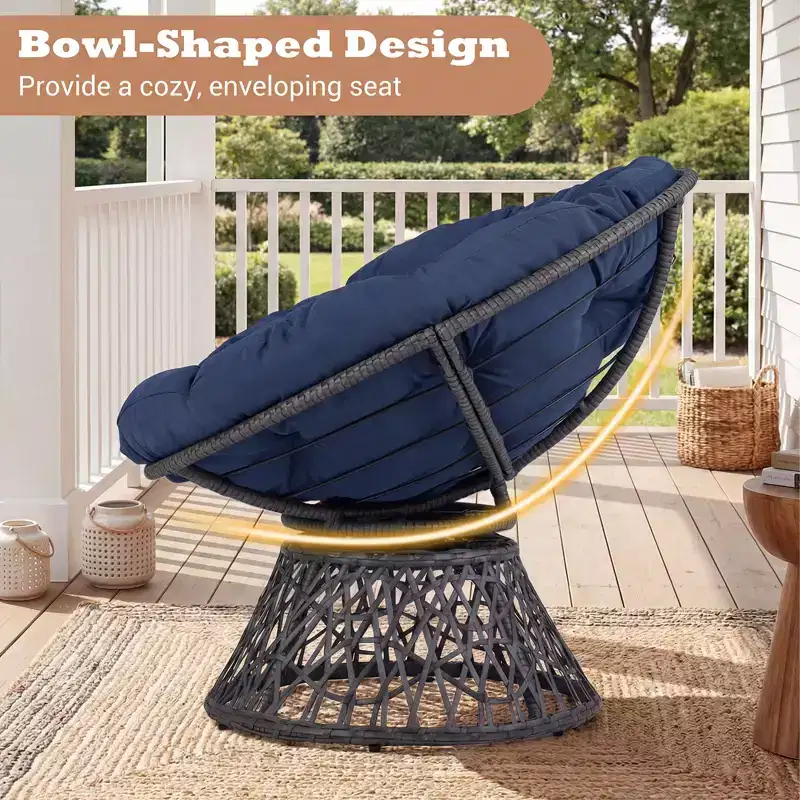 Gymax 360-DegreeSwivel Papasan Chair Round Wicker Lounge Chair w/Thick Cushion&Metal Frame