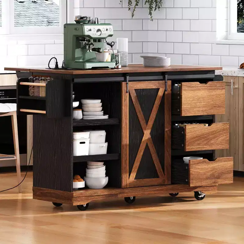 55.5 Farmhouse Kitchen Island with Sliding Barn Door, Drop Leaf, 3 Drawers, Power Outlet, Rolling Cart with Spice & Towel Racks