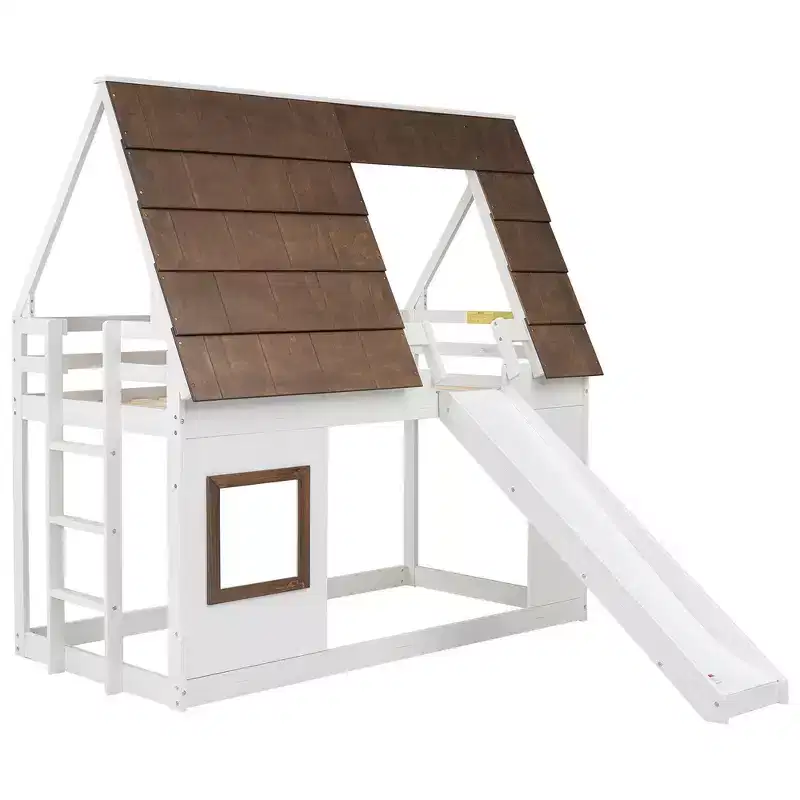 Bunk Bed Frame with Roof, Window, Guardrails & Built-in Ladder(Upgraded) - White & Brown