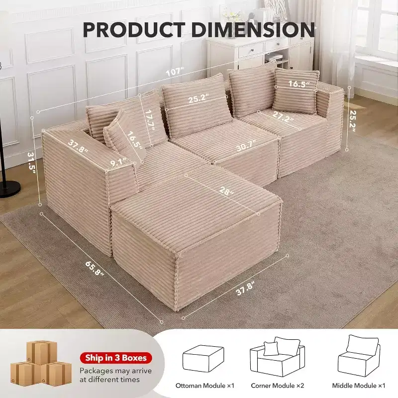 Acekool 107 Modular Cloud Couch Sectional Sofa, Boneless Deep Seat Floor Sofa for Living Room, Beige