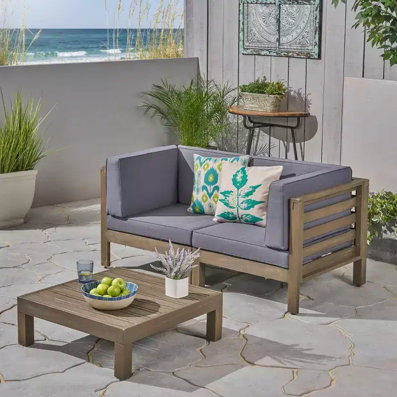 Christopher Knight Home Oana Outdoor Acacia Wood Loveseat and Coffee Table Set with Cushions