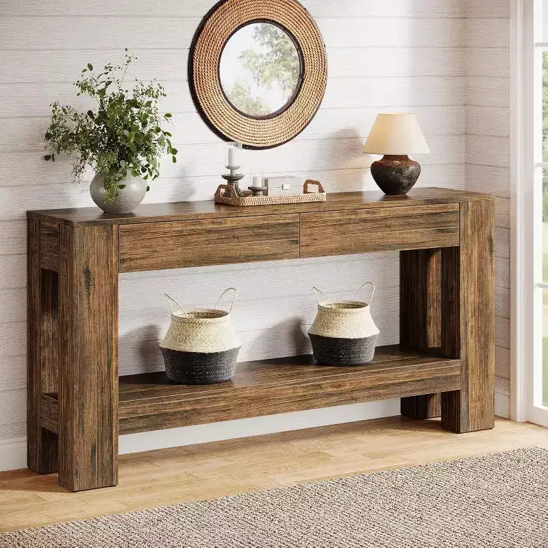 Lantine 63 Wooden Console Table with 2 Drawers, Farmhouse Entryway Table with Storage Shelf, Sofa Table for Living Room, Hallway