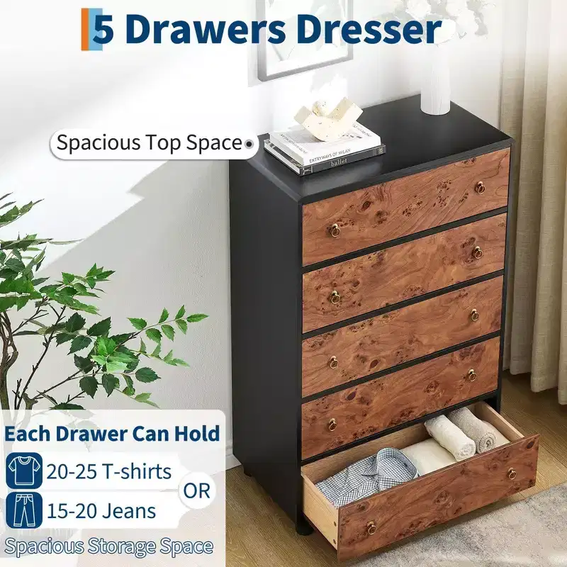 5 Drawers Dresser, 46 Tall Modern Chest of Drawers with Natural Texture, Curved Profile Design, Dresser TV Stand
