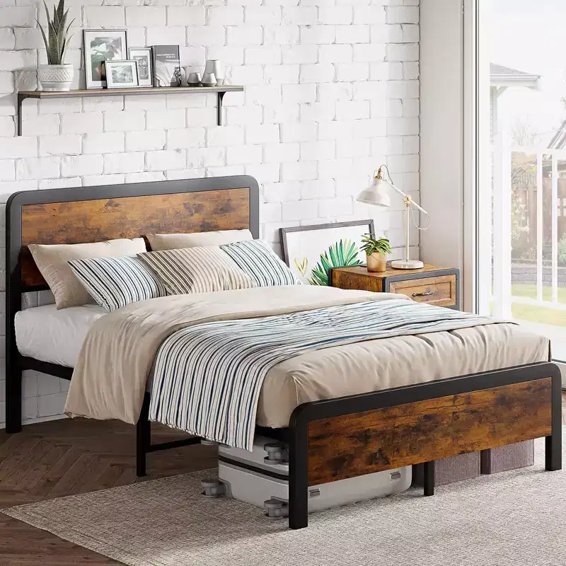 Queen-size bed frame with wooden headboard and footboard  rustic-style platform bed featuring metal slats, simple assembly for bedroom use