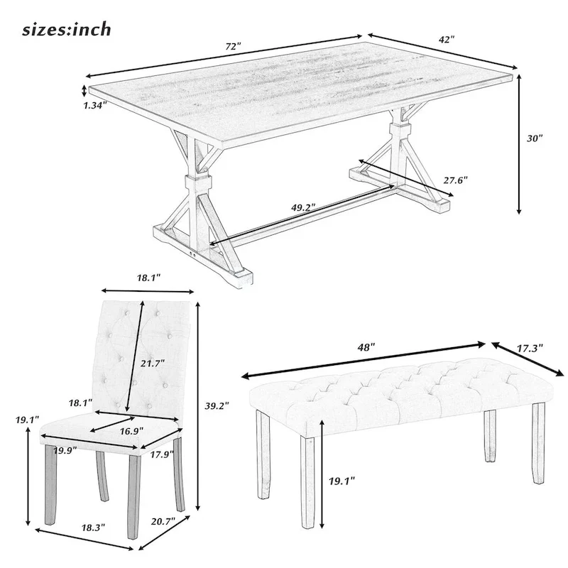 6-Piece Farmhouse Dining Table Set 72 Wood Rectangular Table, 4 Upholstered Chairs with Bench