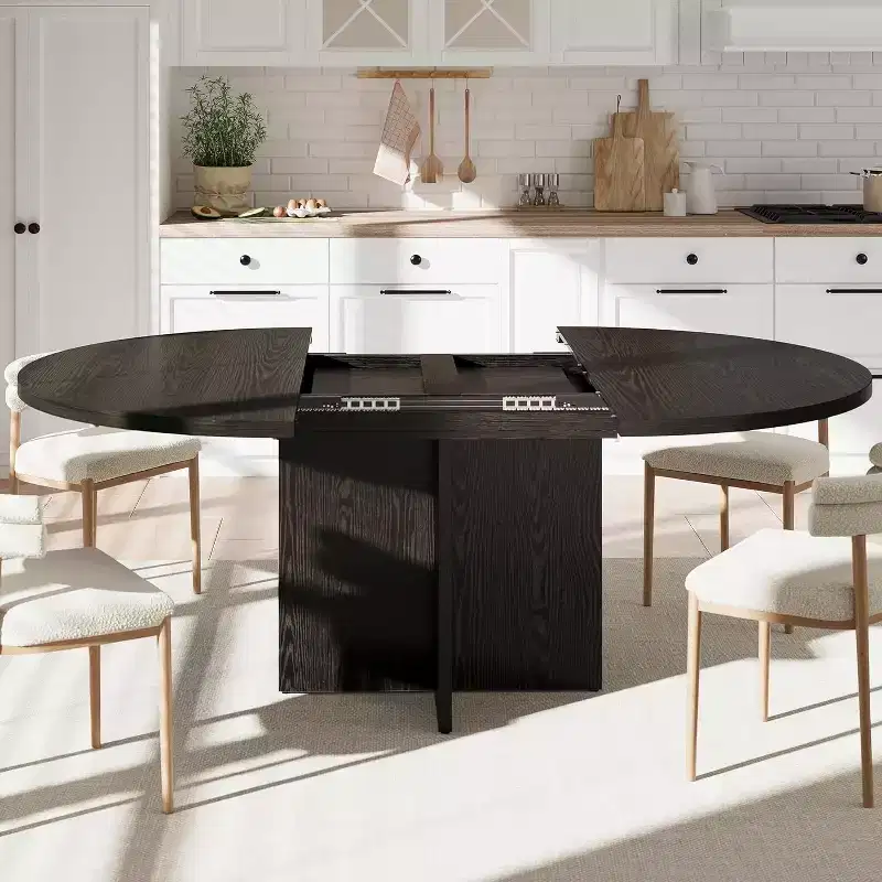 43.3-59 Inch Extendable Round to Oval Dining Table - Seats 4 to 8, Removable Leaves