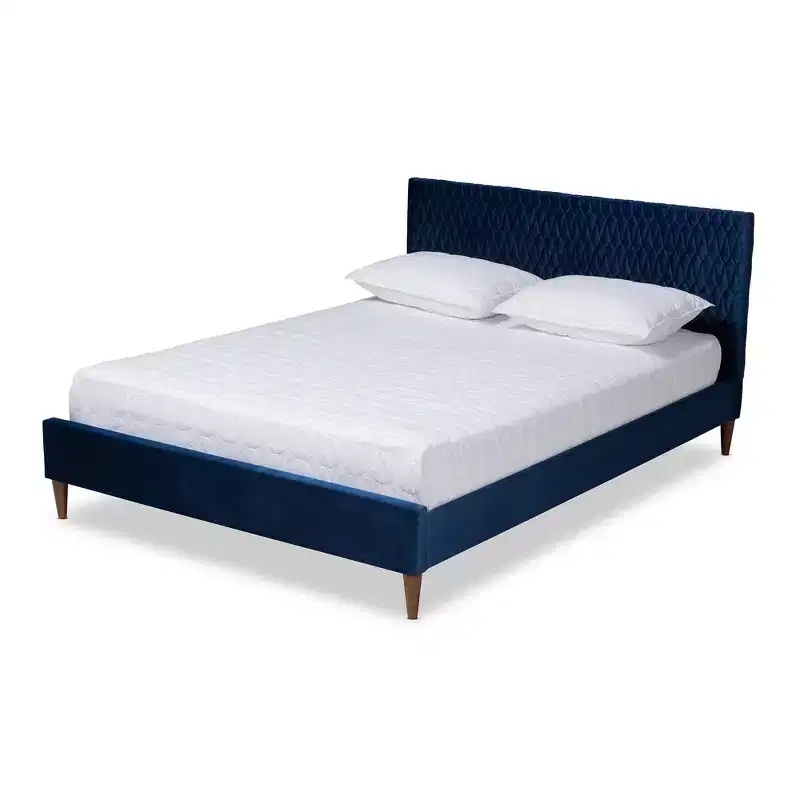 Queen Platform Bed Navy Blue: Mid-Century Design, Tapered Legs, Velvet Upholstery