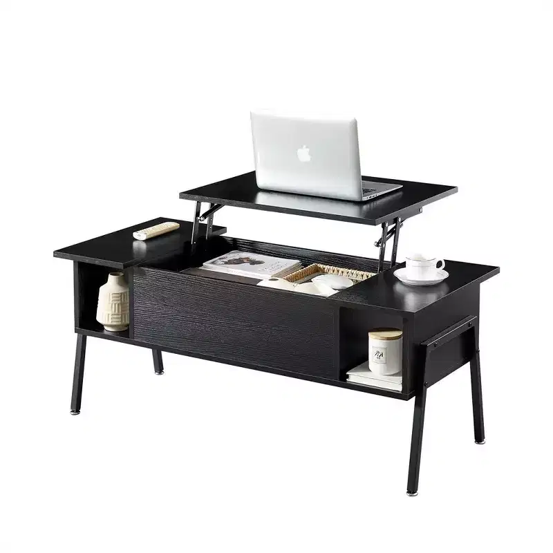 42 Inch Lift Top Coffee Table with Metal Legs, Rising Center Table w/Hidden Compartment and 2 Storage Shelves