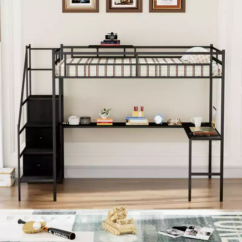 Full Size Metal Loft Bed with L-shaped Desk, Bed Frames with Safety Rails, Ladder and Storage Shelves, Twin Bed for Bedroom, Kids Room, Black