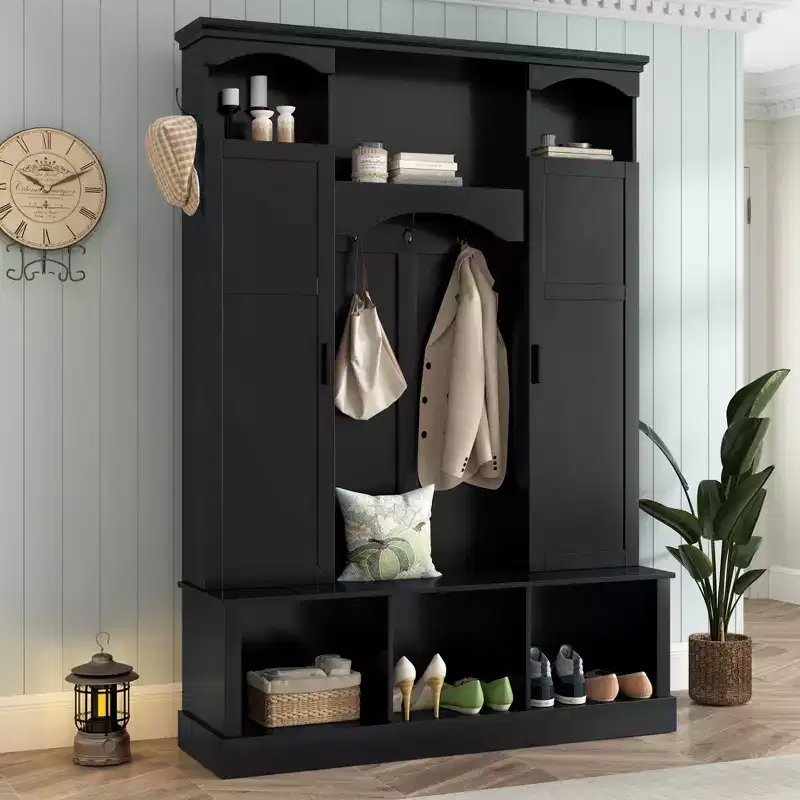 Modern All-in-One Hall Tree with Adjustable Shelves, Farmhouse Storage Bench with 7 Hooks & Side Cabinets, Entryway Organizer - ModernLuxe