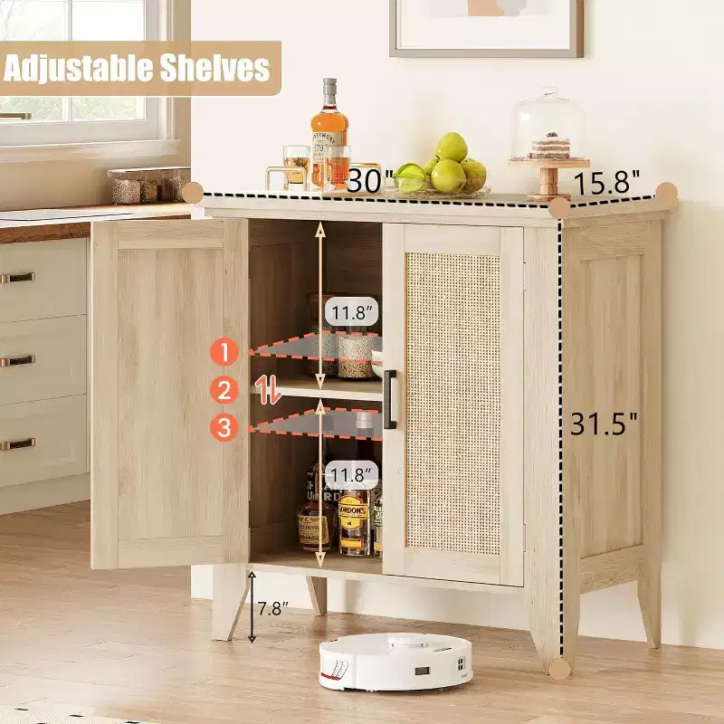 Rattan Sideboard Buffet Cabinet, Small Storage Cabinet with Doors and Shelves, Wood Accent Console Cabinet for Living Room, Dining Room, Kitchen