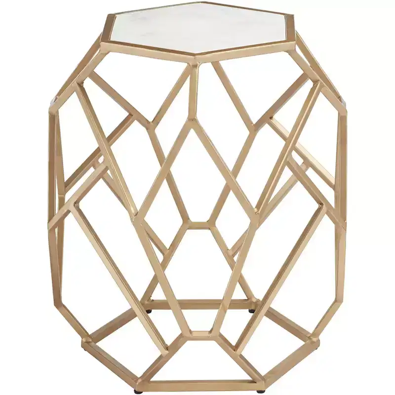 Coast to Coast Accents Modern Gold Metal Hexagon Accent Table 20 1/2 Real White Marble Tabletop for Living Room Bedroom Bedside