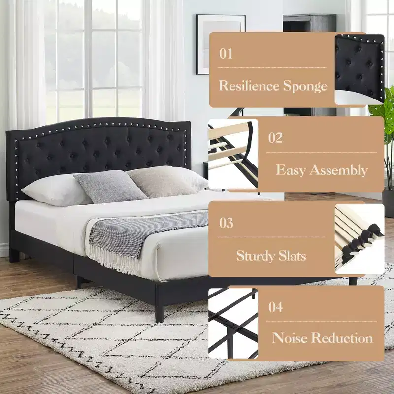 Full Size Platform Bed Frame, Adjustable Headboard, Wooden Slat, Metal Frame Mattress Foundation, Button Rivet Decor, No Box Spring Needed