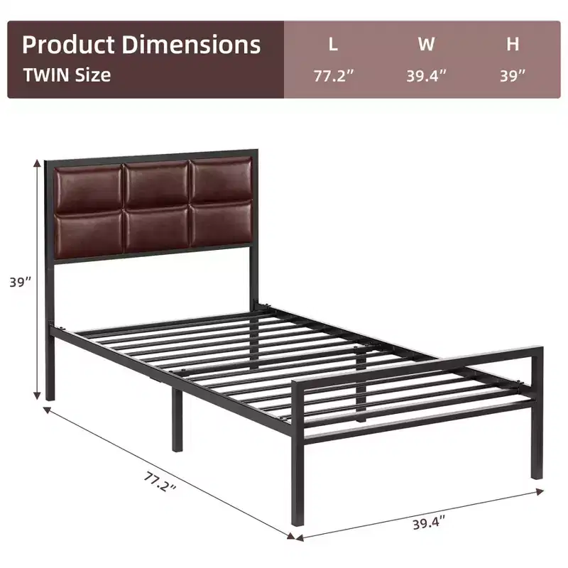 COZONY Queen/Full Size Faux Leather Platform Bed Frame, Upholstered Square Stitched Headboard Metal Frame