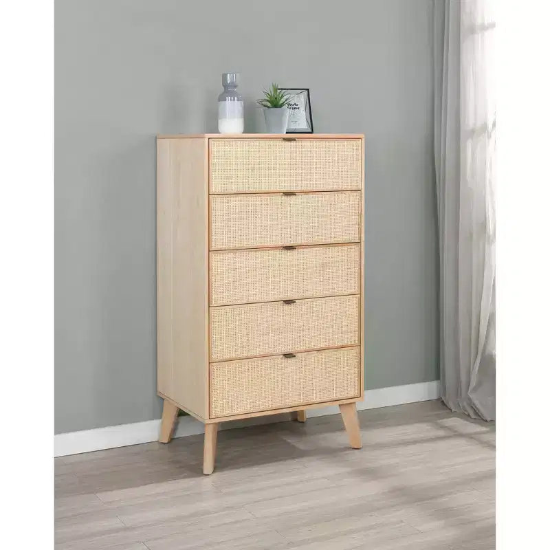 Chancery Boho Wood Ratan 5 Drawer Chest Dresser Natural - Powell