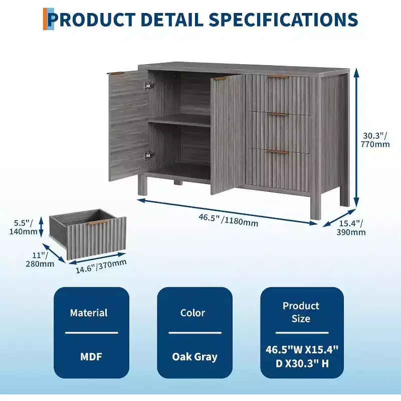 Grey Fluted Sideboard, 2-Door 3-Drawer Storage Cabinet