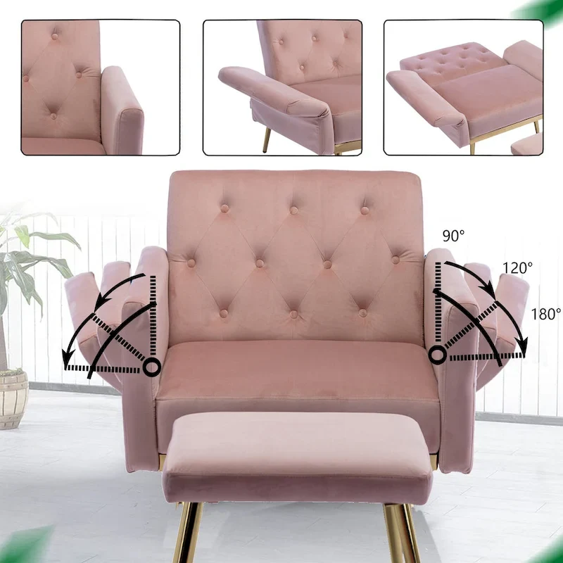HOMEFUN Velvet Tufted Adjustable Armrests and Backrest Armchair with Ottoman