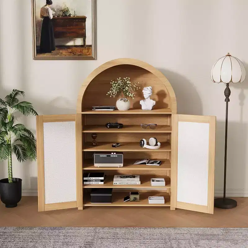 5-Tier Arched Shoe Storage Cabinet with Rattan Doors – Farmhouse Entryway Shoe Rack