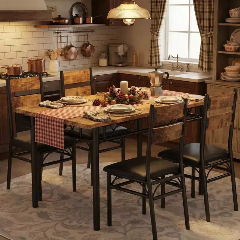 Garvee 5 Piece Dining Table Set for 4, Wooden Industrial Rectangular Kitchen Dinner Table w/ 4 Upholstered High Back Chairs Set