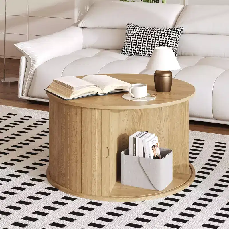 Round Coffee Table with Storage, Fluted Panel Design Coffee Table with Curved Sliding Door and Open Display Shelf, Modern Wooden End Table