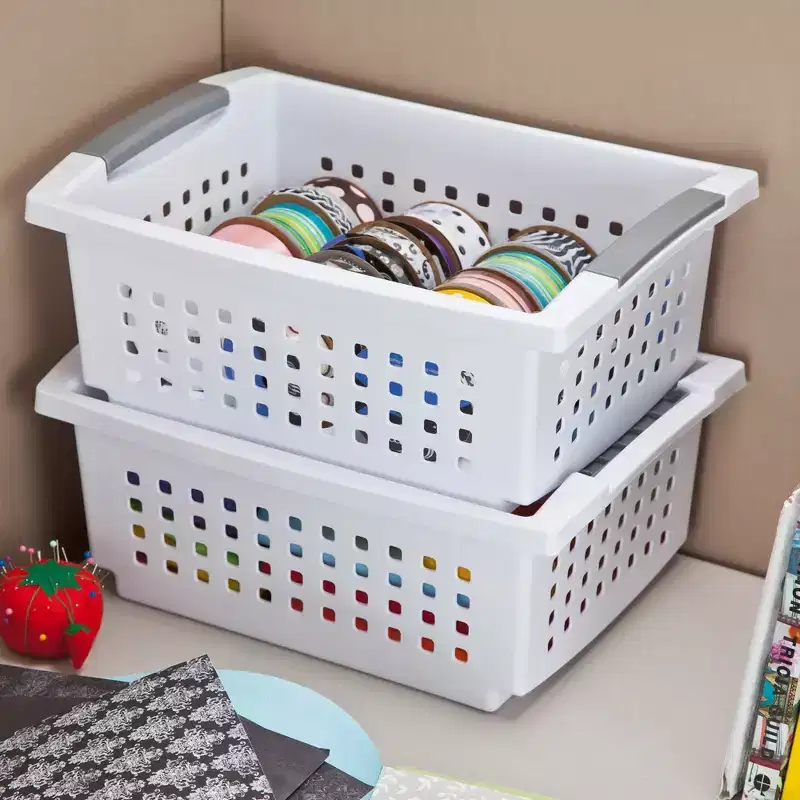 Small White Stacking Basket with Gray Accents, 18-Pack