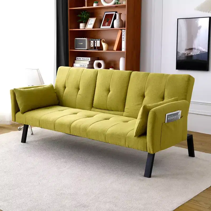70 Inch Multifunctional Cotton Sofa Bed with Cup Holder and Side Storage for Living Room Bedroom, Green