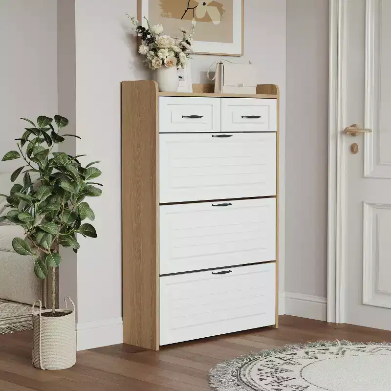 1250 White +oak Shoe Cabinet With 3 Doors 2 Drawers