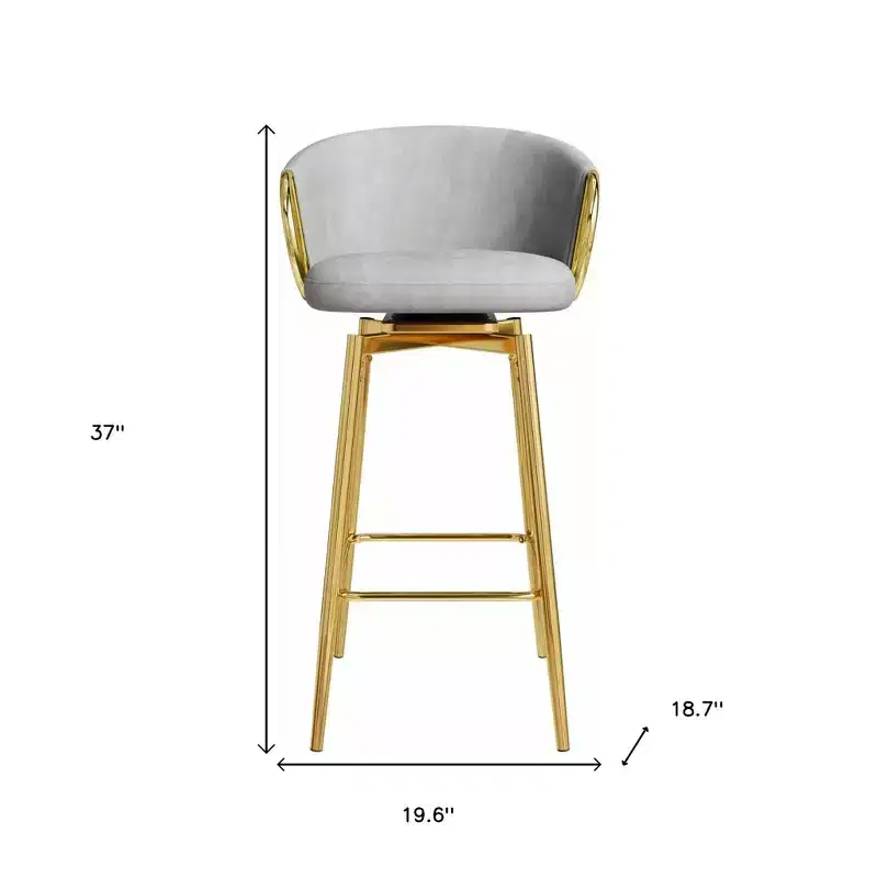 HomeRoots Set of Two 30 Gray and Gold Velvet and Metal Bar Height Swivel Bar Chairs