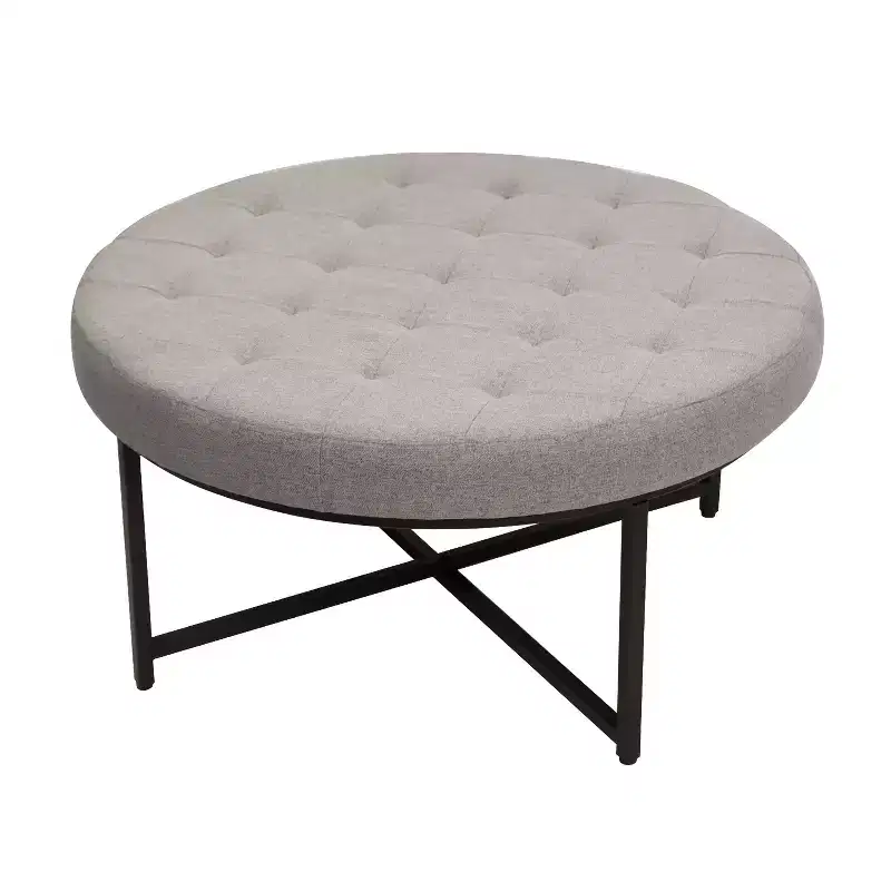Merrick Lane 34-Inch Round Tufted Cotton Linen Ottoman with Durable Metal Frame