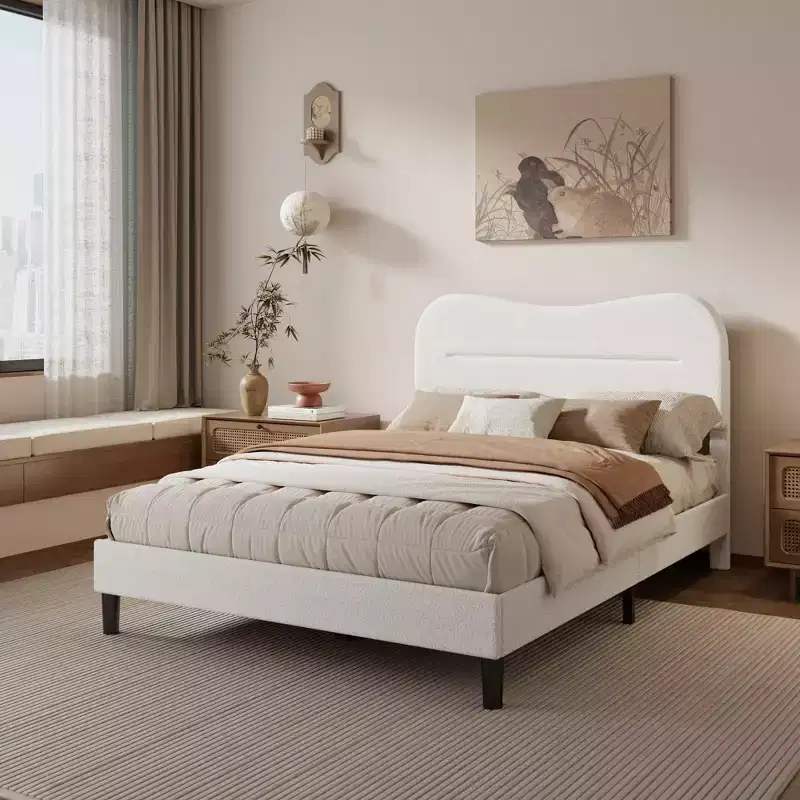 Full Size Upholstered Bed Frame Teddy Boucle Fabric Headboard White Cloud Bed Frame Modern Marshmallow Design No Box Spring Needed Strong Wood Slats